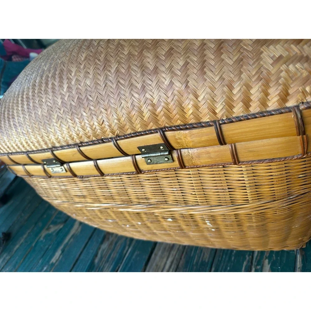 Vintage Woven Bamboo Picnic Basket Domed Lid Trunk Storage Hamper Boho Decor